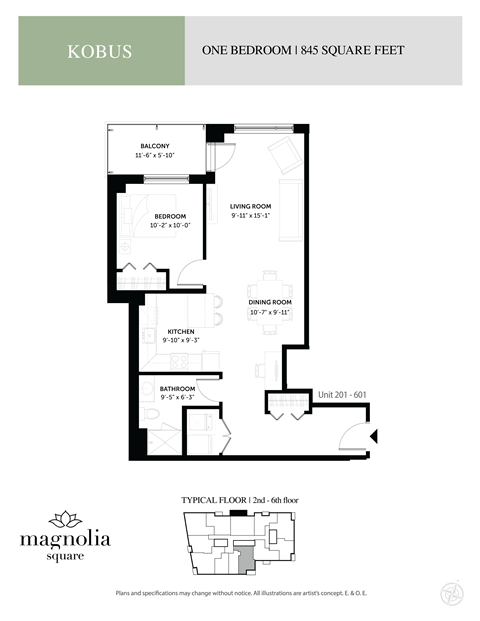 Floor plan for 1 bed, 1 bath, 845 sqft